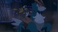 Cobalion, Ash, and Pikachu as they appear in the anime (Image via The Pokemon Company)